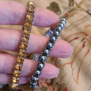 J. Crew Two Stretch Bracelet Set - Amber Crystal & Gunmetal Dark Pearl